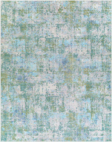 Close-up of the Riegelwood Area Rug. Light beige rug with abstract patterns in medium gray, green, navy, peach, and sky blue. Design-Rectangle-71010