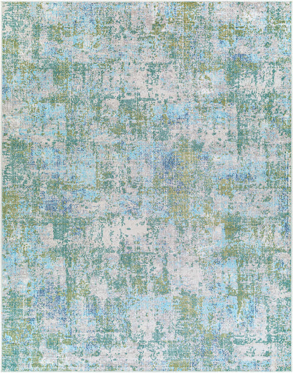 Close-up of the Riegelwood Area Rug. Light beige rug with abstract patterns in medium gray, green, navy, peach, and sky blue. Design-Rectangle-71010