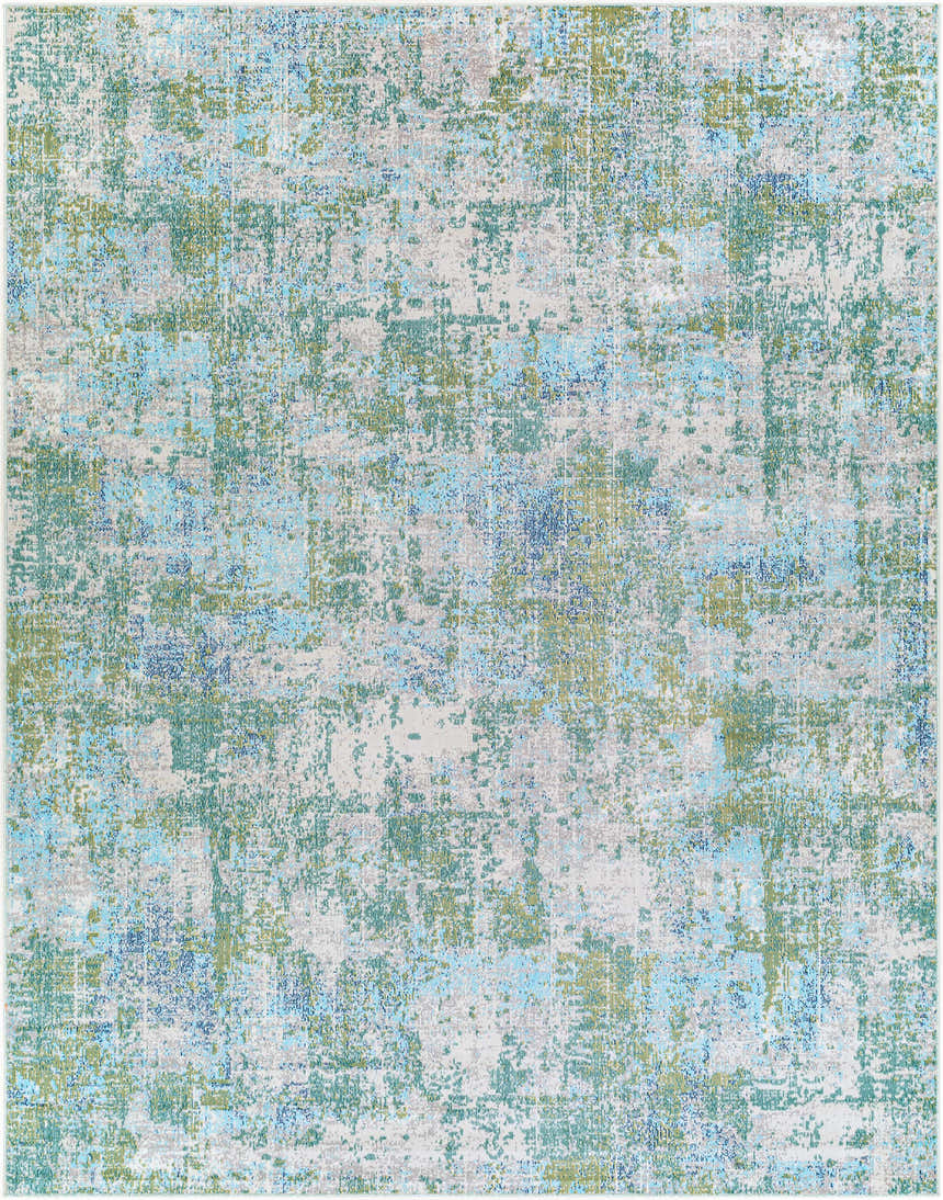 Close-up of the Riegelwood Area Rug. Light beige rug with abstract patterns in medium gray, green, navy, peach, and sky blue. Design-Rectangle-71010