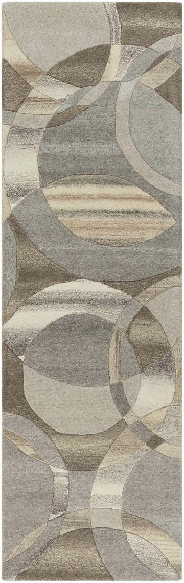 Close-up of the Rillton Modern Wool Rug. Geometric design in shades of beige, brown, charcoal, and taupe. Hand-tufted texture. Design-Runner-268