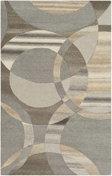 Close-up of the Rillton Modern Wool Rug. Features a geometric pattern in shades of beige, brown, charcoal, and taupe. Design-Rectangle-58