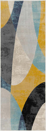 Abstract Ringgold Area Rug with aqua, charcoal, mustard, peach, and taupe geometric design. Design-Runner-2773