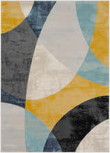 Ringgold Area Rug, clearance. Abstract design with aqua, charcoal, light slate, mustard, peach, and taupe colors. Design-Rectangle-5373