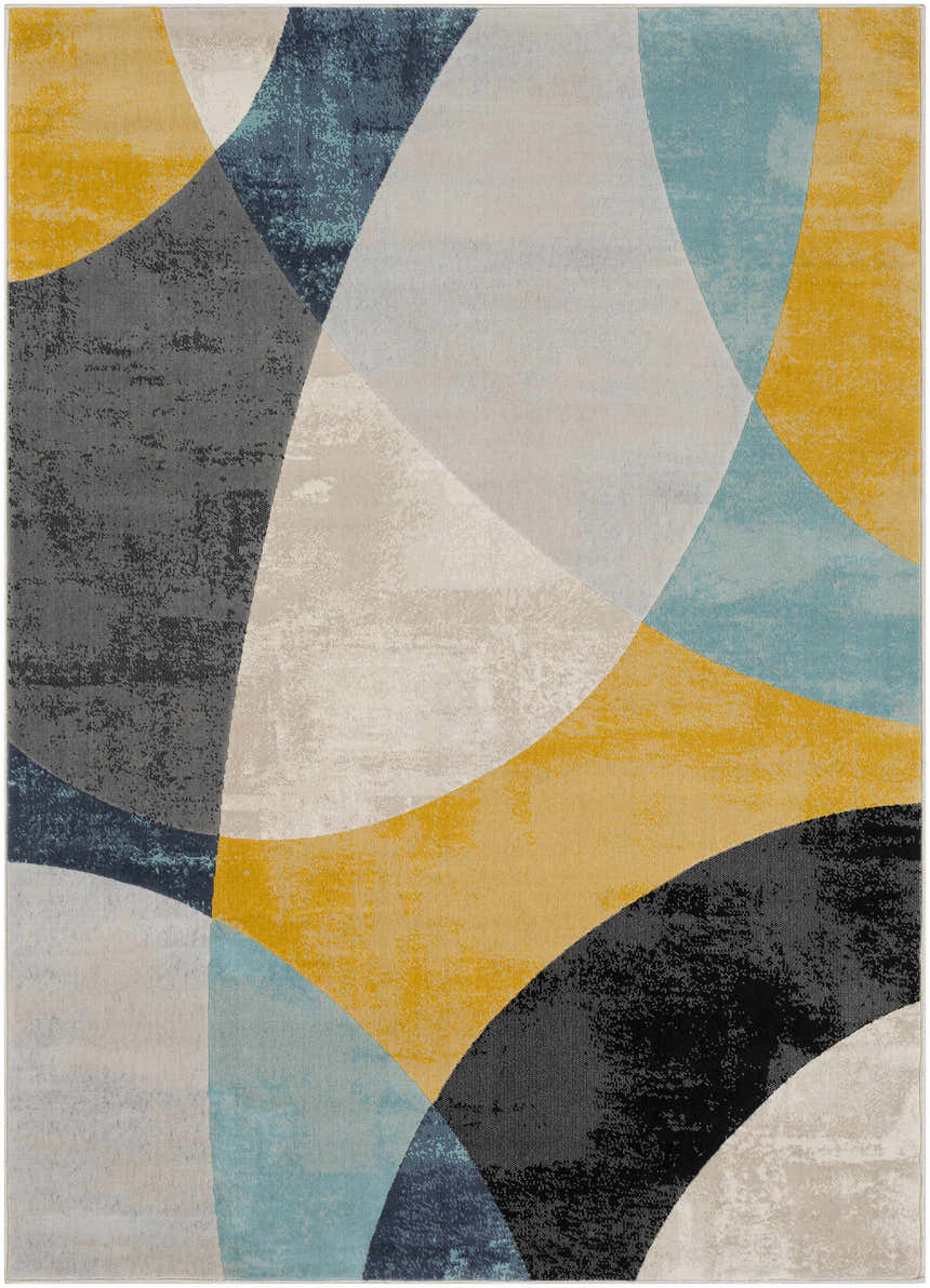 Ringgold Area Rug, clearance. Abstract design with aqua, charcoal, light slate, mustard, peach, and taupe colors. Design-Rectangle-5373