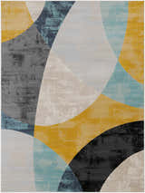 Ringgold Area Rug close-up. Abstract geometric design in aqua, charcoal, light slate, mustard, peach, and taupe. Design-Rectangle-710103