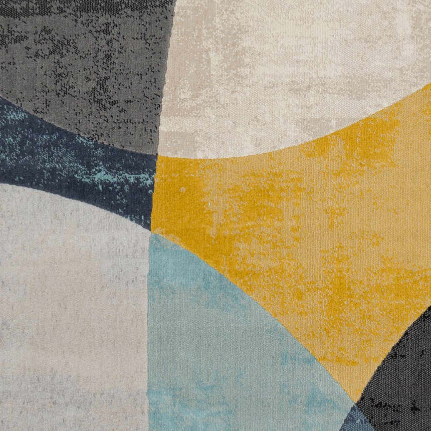 Close-up of Ringgold Area Rug featuring abstract shapes in aqua, charcoal, mustard, peach, and taupe. Swatch
