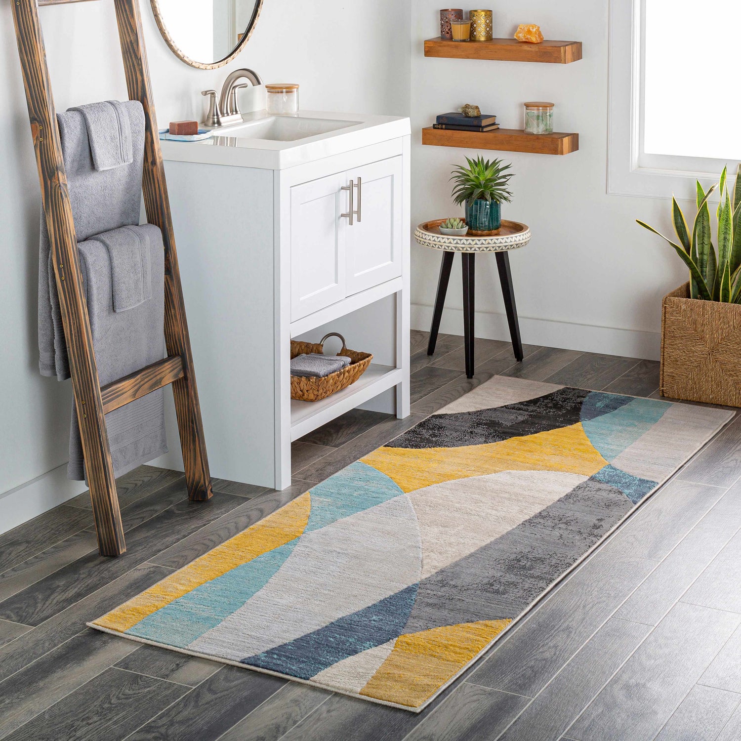 Bathroom scene with Ringgold Area Rug in aqua, charcoal, mustard, and taupe. Modern geometric design. Roomscene-Runner