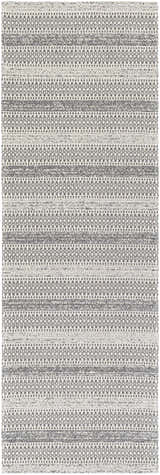 Close-up of Ringtown Washable Area Rug. Bohemian style rug in charcoal, ivory, and light slate with horizontal pattern. Design-Runner-2773