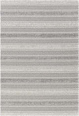Close-up of Ringtown Washable Area Rug. Charcoal and ivory cotton rug with a bohemian diamond and stripe pattern. Design-Rectangle-5373
