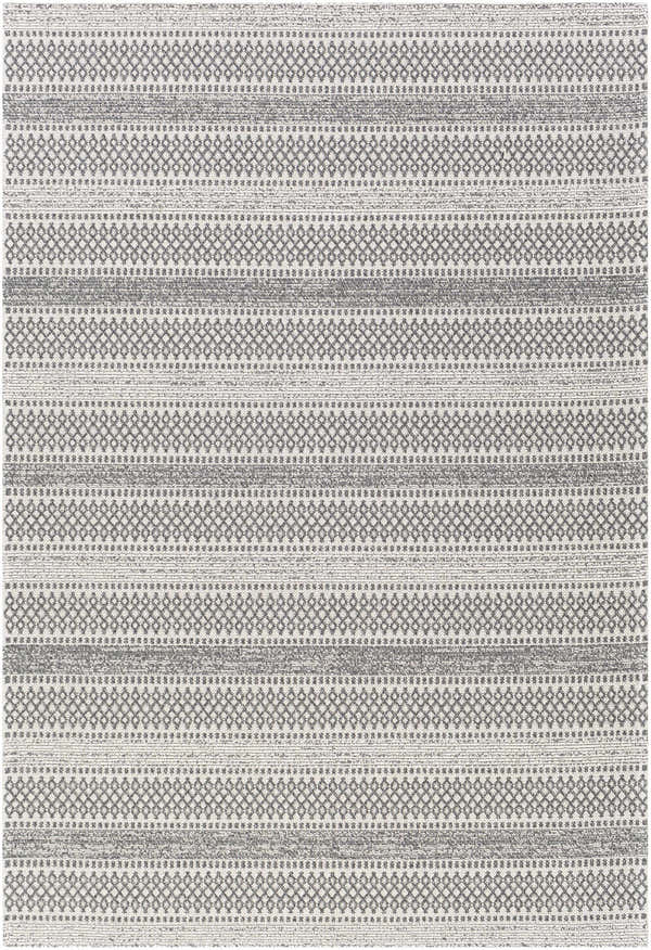 Close-up of Ringtown Washable Area Rug. Charcoal and ivory cotton rug with a bohemian diamond and stripe pattern. Design-Rectangle-5373