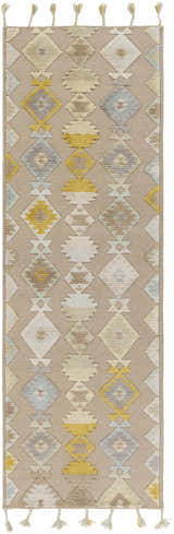 Close-up of Rippon Area Carpet. Hand-woven wool rug with beige, gray, and blue diamond pattern. Tassels on ends. Design-Runner-268