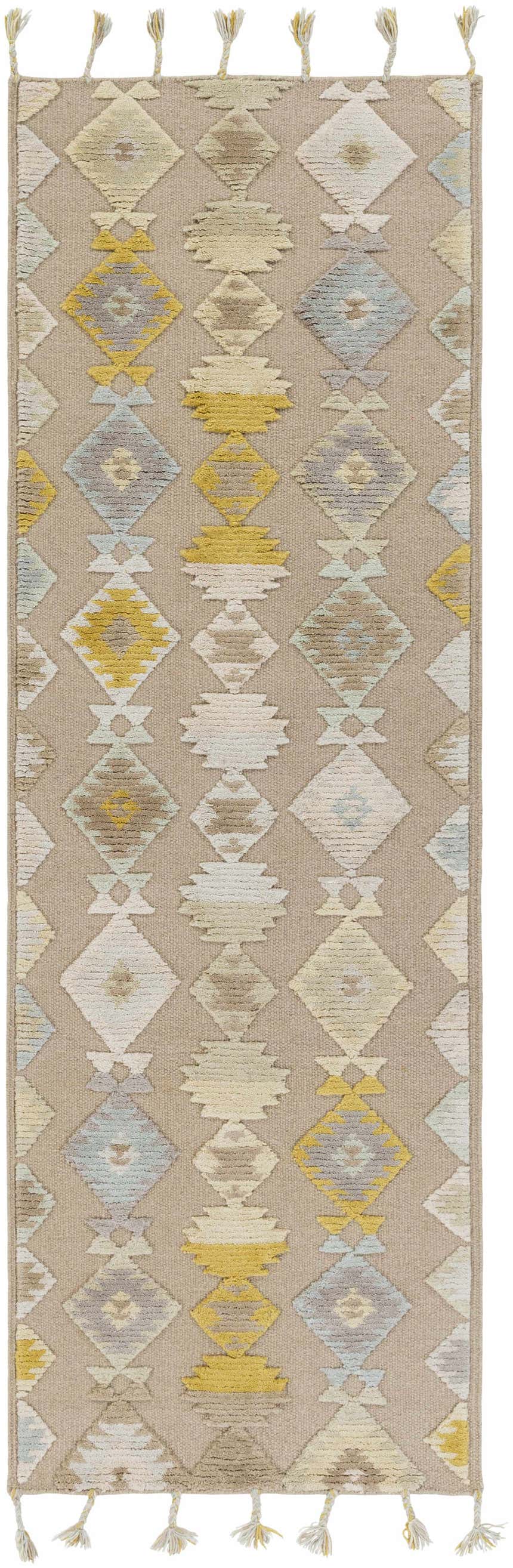 Close-up of Rippon Area Carpet. Hand-woven wool rug with beige, gray, and blue diamond pattern. Tassels on ends. Design-Runner-268