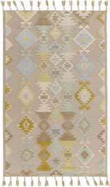 Hand woven Rippon Area Carpet in beige, gray, oatmeal, blue, and tan with a geometric diamond pattern and tassels. Design-Rectangle-576