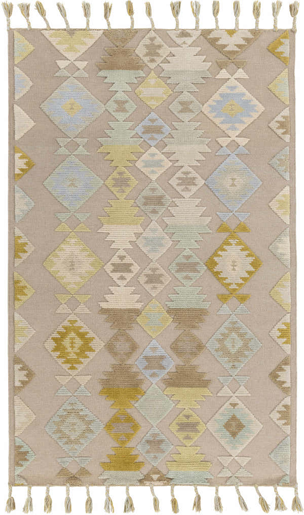 Hand woven Rippon Area Carpet in beige, gray, oatmeal, blue, and tan with a geometric diamond pattern and tassels. Design-Rectangle-576