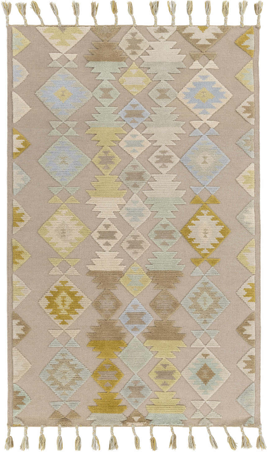 Hand woven Rippon Area Carpet in beige, gray, oatmeal, blue, and tan with a geometric diamond pattern and tassels. Design-Rectangle-576