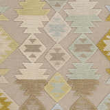 Close up of Rippon Area Carpet showing the beige, blue, and tan geometric, hand woven design. Swatch