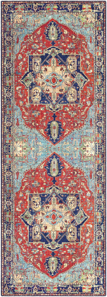 Detailed Ripplemead Area Rug in beige, burnt orange, navy, and teal. Traditional Oriental rug design with geometric patterns. Design-Runner-2676