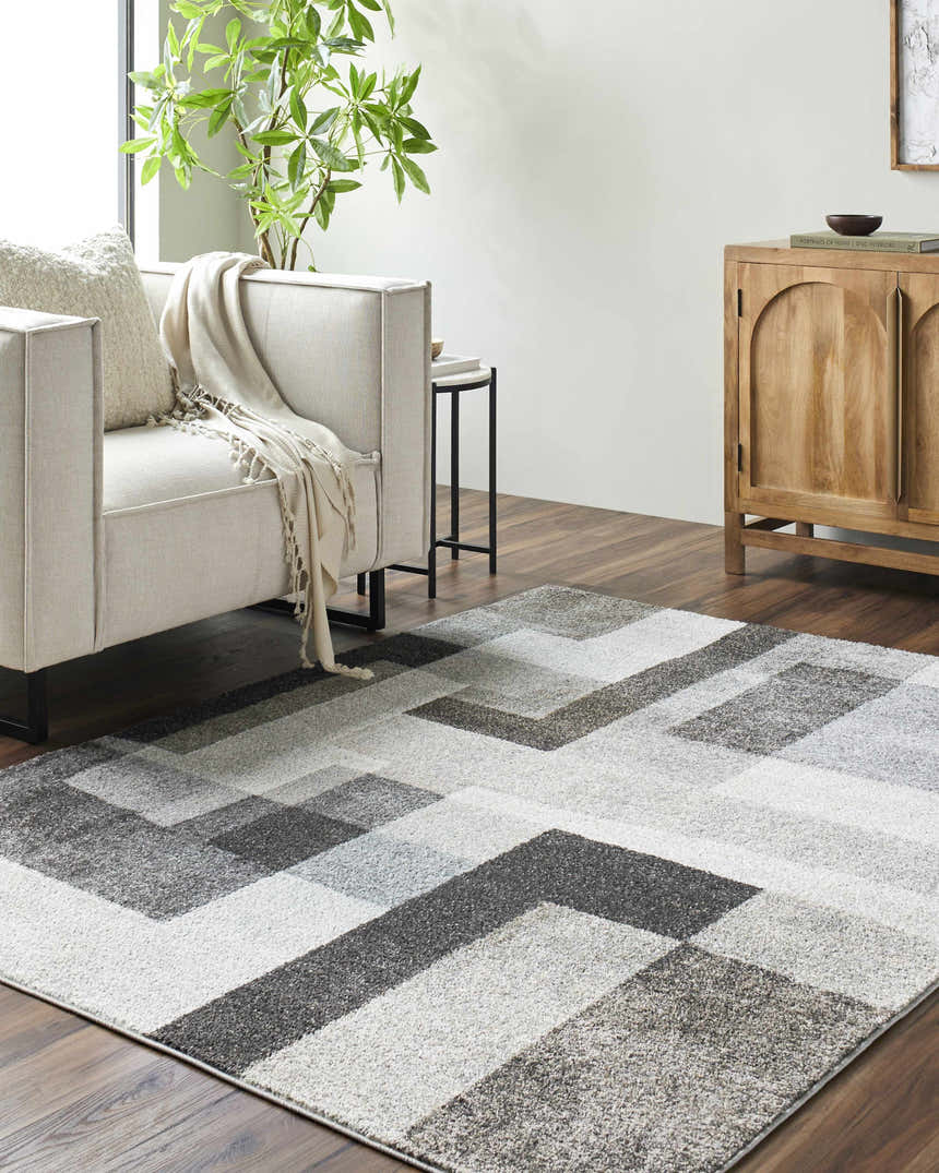 Living room scene with a Raisa Area Rug. Contemporary rug with geometric pattern in gray, cream, and black tones. Roomscene-Rectangle