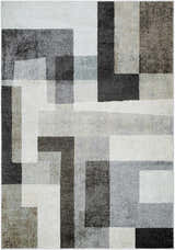 Raisa Area Rug close-up. Contemporary design with black, cream, gray, and aqua geometric shapes. Machine woven texture. Design-Rectangle-537