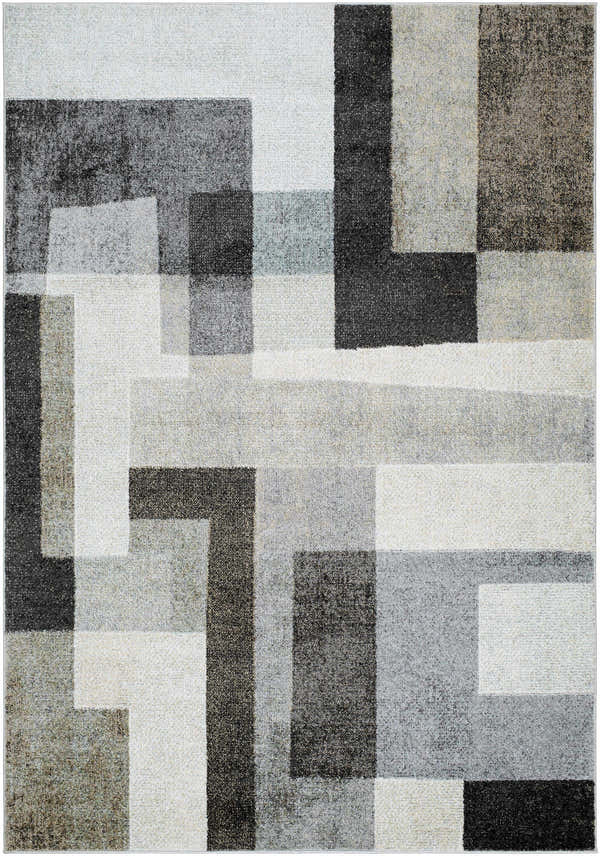 Raisa Area Rug close-up. Contemporary design with black, cream, gray, and aqua geometric shapes. Machine woven texture. Design-Rectangle-537