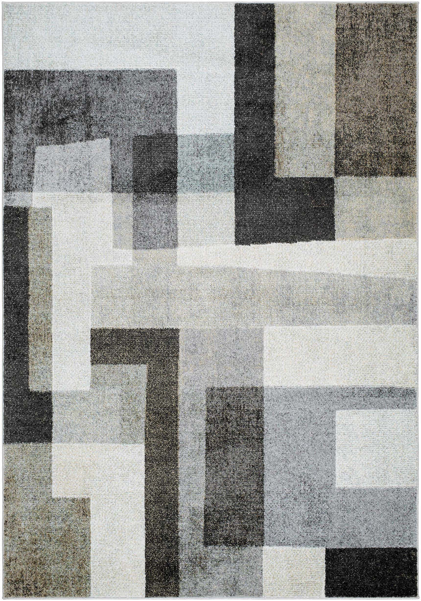 Raisa Area Rug close-up. Contemporary design with black, cream, gray, and aqua geometric shapes. Machine woven texture. Design-Rectangle-537