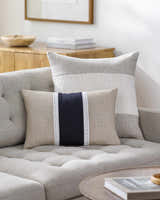 Linbar Beige Black and Off White Vertical Stripe Color Block with Running Stitch Cottage Cotton Lumbar Pillow