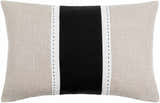 Linbar Beige Black and Off White Vertical Stripe Color Block with Running Stitch Cottage Cotton Lumbar Pillow