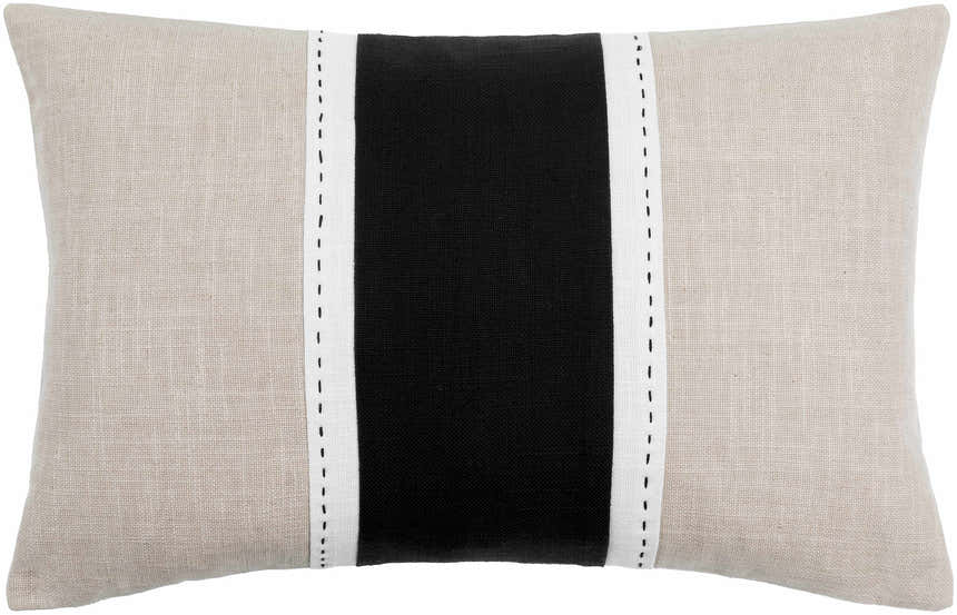 Linbar Beige Black and Off White Vertical Stripe Color Block with Running Stitch Cottage Cotton Lumbar Pillow