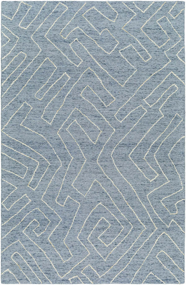 Close-up of Raffi Slate Blue Area Rug. Contemporary design with a geometric ivory pattern on a textured, slate blue wool. Design-Rectangle-576