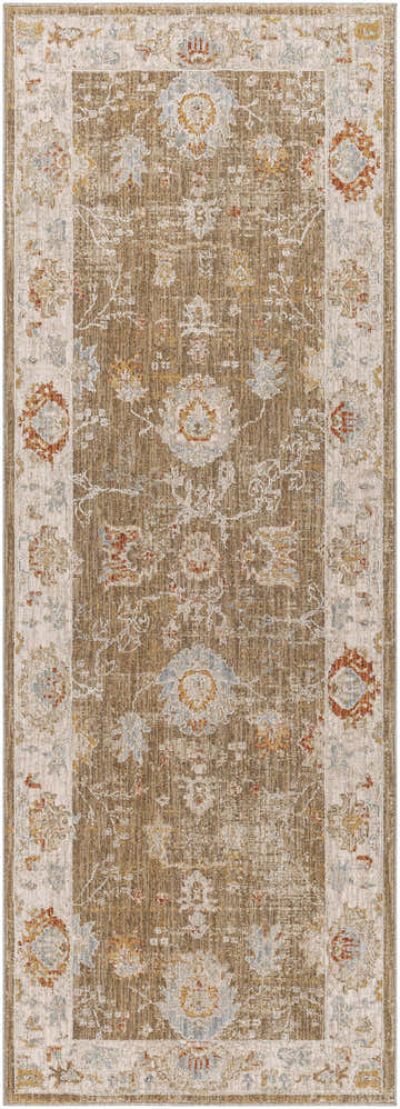 Close-up of the Rangeville Thick Luxe Statement Rug. Brown, orange, cream, and blue floral pattern. Traditional style. Design-Runner-2773