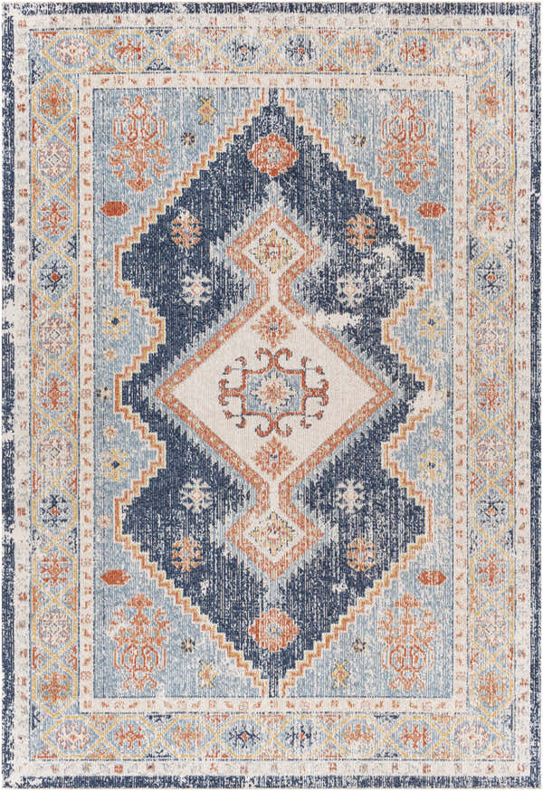 Detailed Orangeville Area Rug - Clearance with brick red, cream, denim, and navy traditional pattern. Design-Rectangle-537