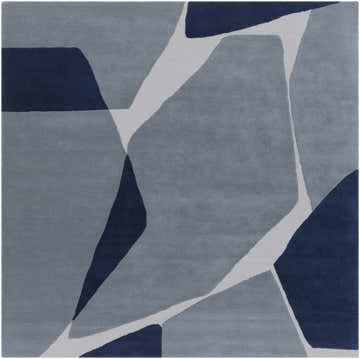 Close-up of the Robbins Modern Blue Wool Rug featuring a geometric pattern in shades of blue and light slate. Design-Square-8