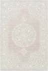 Close-up of the Roessleville Cream Wool Area Rug. Features a cream and gray traditional, oriental-inspired pattern. Design-Rectangle-576