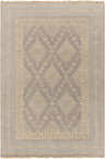 Close-up of the Roma Area Rug, a hand-knotted wool rug in medium gray and taupe with a traditional diamond pattern. Design-Rectangle-69
