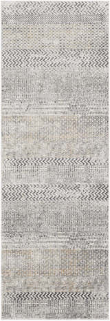 Close-up of the Rombauer Area Rug. Charcoal, gray, and off-white rug with contemporary geometric and striped patterns. Design-Runner-2777
