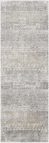 Close-up of the Rombauer Area Rug. Charcoal, gray, and off-white rug with contemporary geometric and striped patterns. Design-Runner-2777