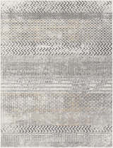 Close-up of the Rombauer Area Rug. Charcoal, gray, and off-white geometric patterns with a touch of mustard. Contemporary style. Design-Rectangle-710103