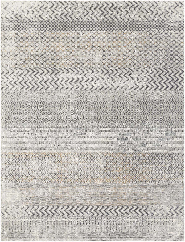 Close-up of the Rombauer Area Rug. Charcoal, gray, and off-white geometric patterns with a touch of mustard. Contemporary style. Design-Rectangle-710103