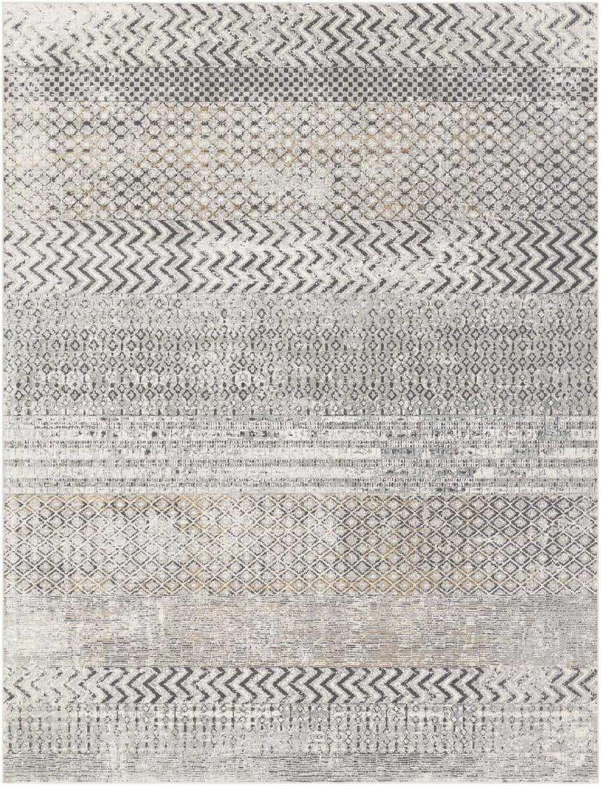 Close-up of the Rombauer Area Rug. Charcoal, gray, and off-white geometric patterns with a touch of mustard. Contemporary style. Design-Rectangle-710103