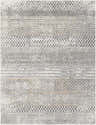 Close-up of the Rombauer Area Rug. Charcoal, gray, and off-white geometric patterns with a touch of mustard. Contemporary style. Design-Rectangle-710103