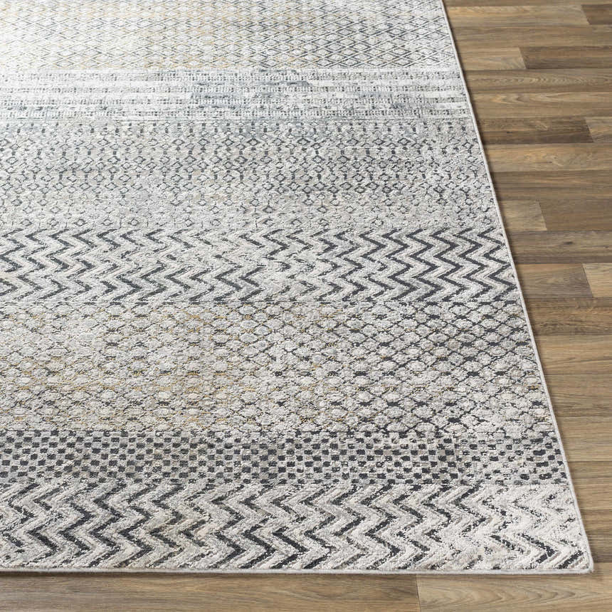Close-up of Rombauer Area Rug featuring charcoal, gray, and off-white contemporary pattern on a wood floor. Front