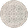 Close-up of round Romeoville Area Rug. Bohemian style rug in charcoal, gray, and white with a geometric pattern. Design-Round-710
