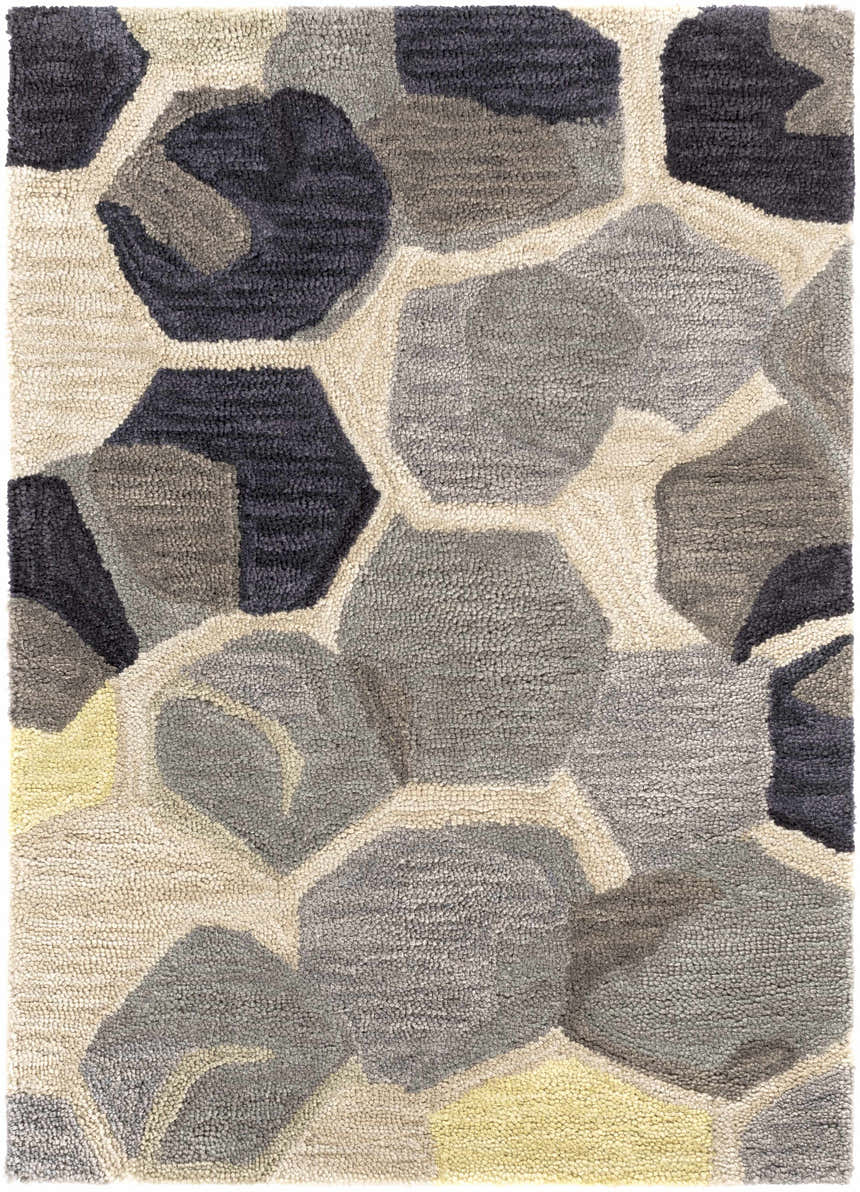 Close-up of the Romoland Area Rug. Hand-tufted polyester rug with a contemporary geometric pattern in black, gray, beige, and yellow. Design-Rectangle-23
