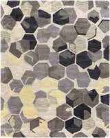 Close-up of the Romoland Area Rug. Contemporary style with black, brown, gray, olive, and yellow geometric pattern. Hand-tufted texture. Design-Rectangle-810
