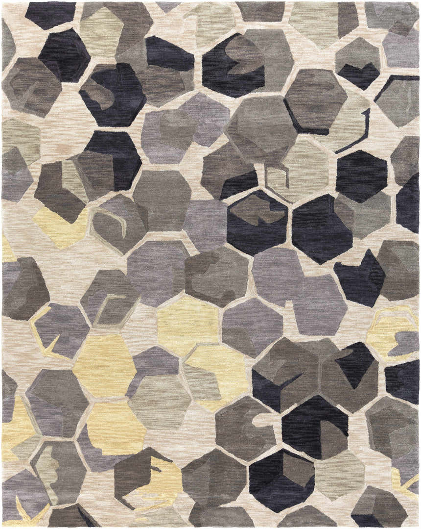 Close-up of the Romoland Area Rug. Contemporary style with black, brown, gray, olive, and yellow geometric pattern. Hand-tufted texture. Design-Rectangle-810