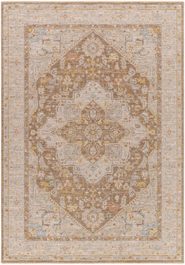 Detailed Roni Traditional Turkish Rug in amber, brown, and gray. Luxe, machine-woven farmhouse style rug. Design-Rectangle-575