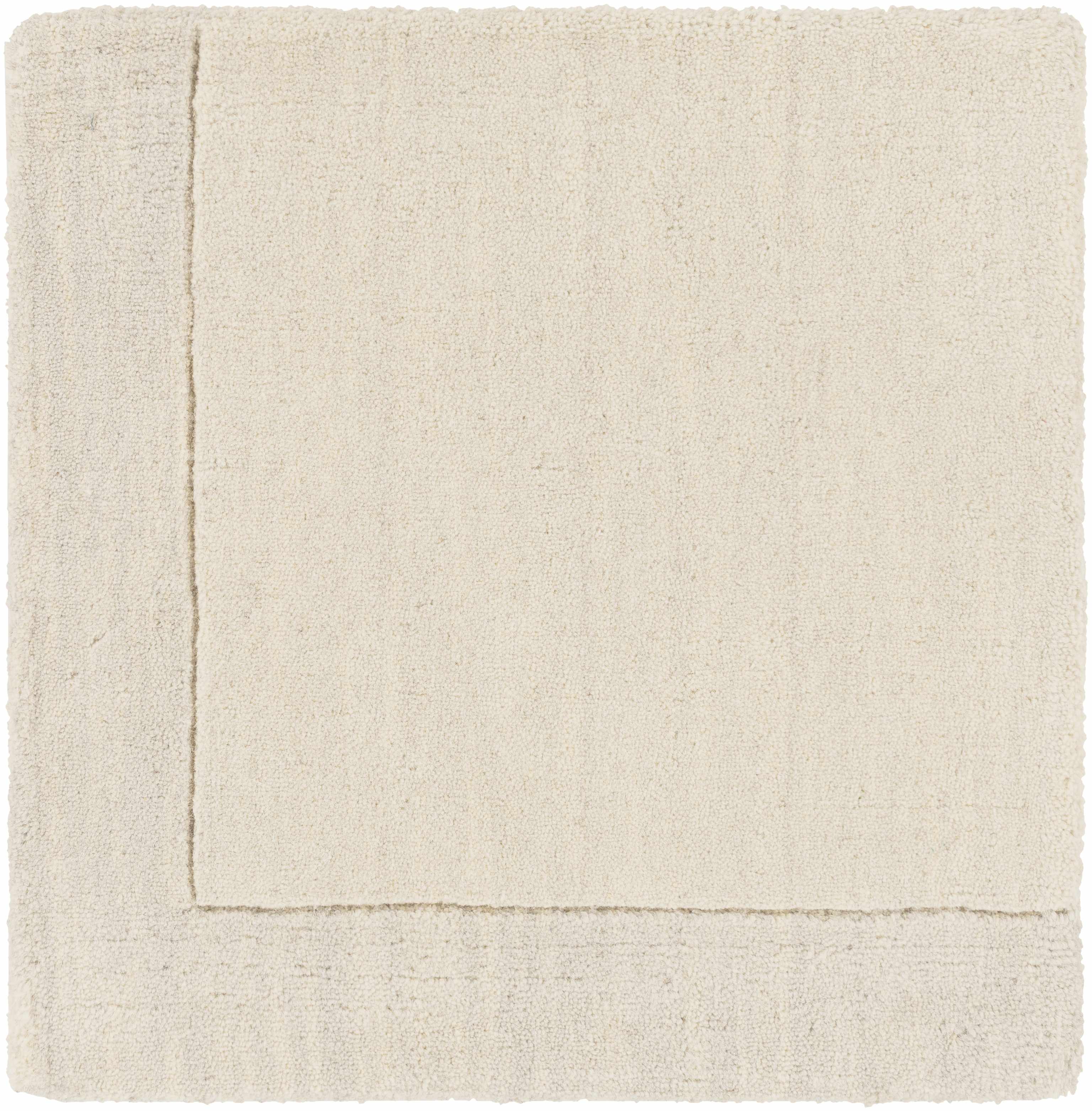 Reverse side of Bordered Solid Beige Cream Wool Rug, focusing on underside structure and material.Contemporary Area Rug Backing Canvas 