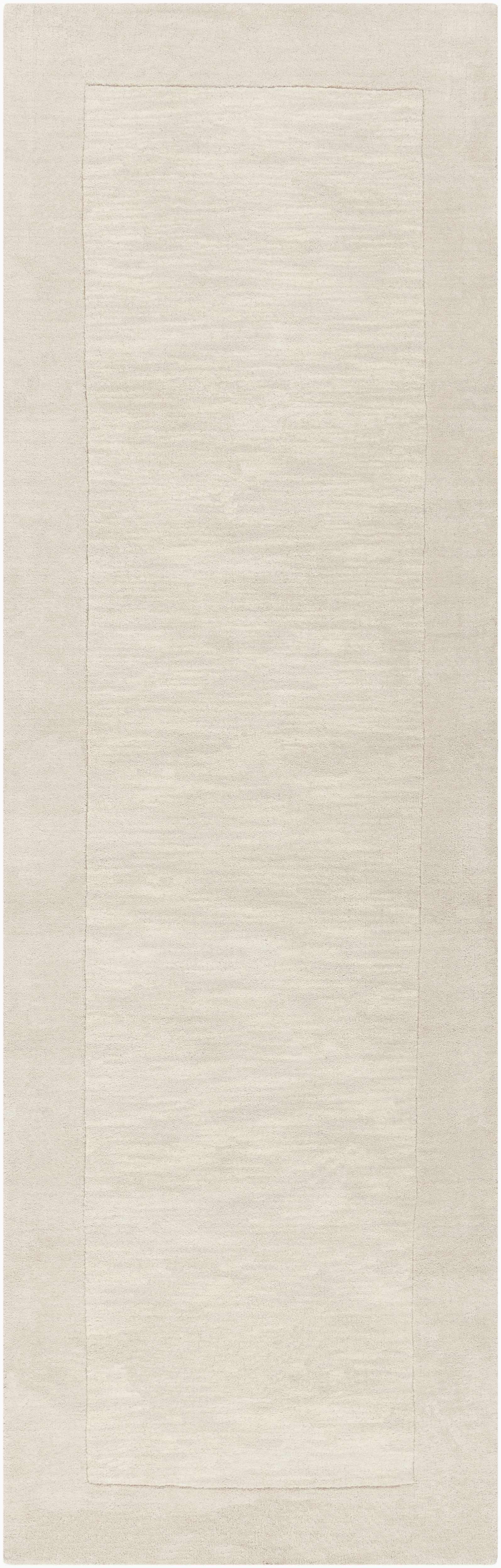Reverse side of Bordered Solid Beige Cream Wool Rug, focusing on underside structure and material.Contemporary Area Rug Backing Canvas 2'6" x 8' Runner