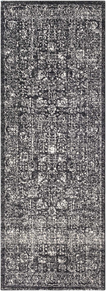 Close up of the Roseland Area Rug featuring a distressed black and light beige traditional pattern. Design-Runner-2773