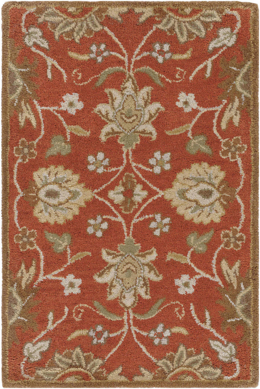 Close-up of the Conesus Hand Tufted Rust 1062 Area Rug, showcasing its floral pattern and brick red, brown, and tan color palette. Design-Rectangle-23